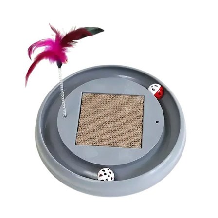 Katteskrapebrett med ballbane, interaktivt katteleketøy med roterende baller, 2 roterende baller + fjær, 3-i-1 katteleke grå