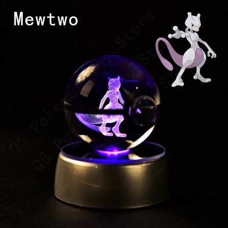 Pokemon Kristallkula 3D Pikachu Mewtwo Mew Gengar Nattlampa Lampfot Pokeball Kristall Pokemon Glasboll Figur Födelsedagspresent