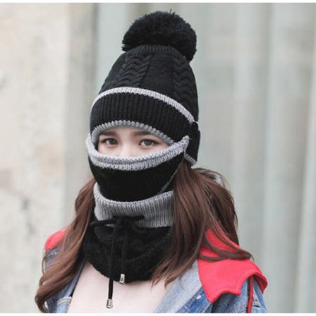 Lue Dame Vinter Varm Ull-lue Varm Søt Dame Lue Tredelt Ørebeskyttelse Strikket Lue (svart)