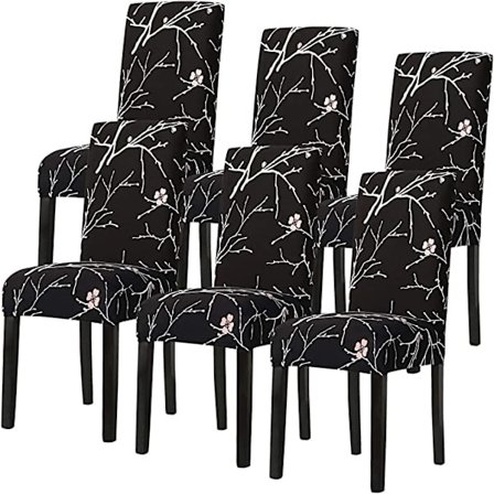 6 kpl joustavat tuolinpäälliset (musta, erottuva), painetut ruokailutuolit