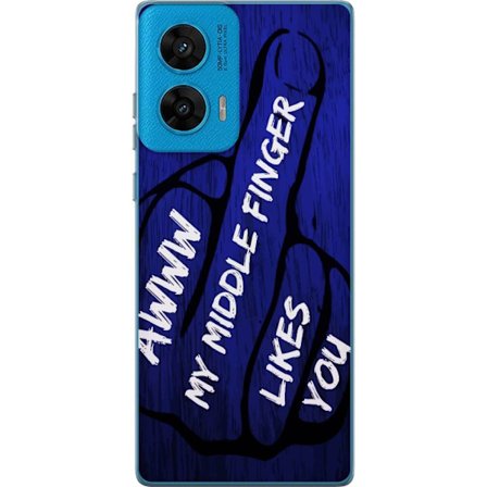 Kompatibel Mobilcover til Motorola G96 Mørk typografisk illustration med hjerteform og budskab om venskab mod dybblå trætekstur