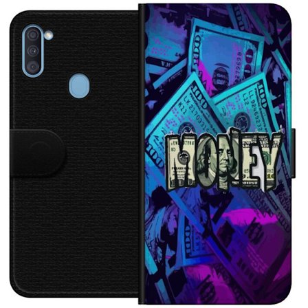 Samsung Galaxy A11 Lommeboketui Money motiv dollar sedler blå og lilla fargetema med stort money tema perfekt for luksus økonomi og grafisk design