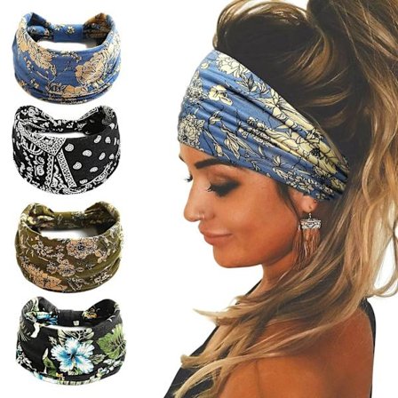 4 stk. brede Boho-hovedbånd til kvinder - elastisk, skridsikkert pandebånd