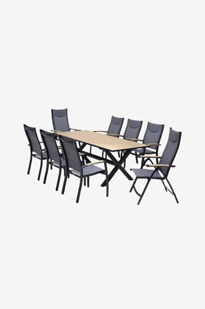 LifestyleGarden - Sittegruppe 200 crossleg, 6 stabelbare stoler, 2 posisjonsstoler PANAMA - Svart - Spisegrupper - Fra Homeroom