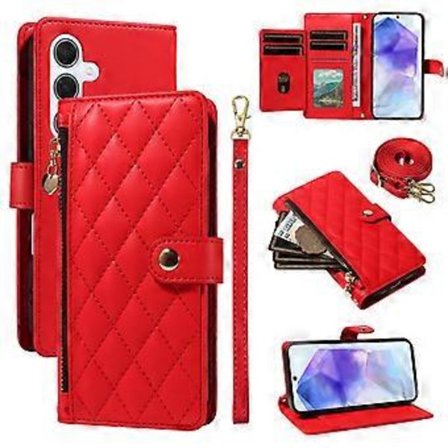 Kompatibel med Samsung Galaxy A55 5G Wallet Case med stropper, Rhombus Læder Stand Telefon Cover (Rød)