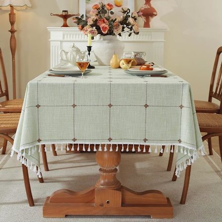 Bordsduk Fyrkantig Torkbar Tvättbar Bomull Linne Duk Skrynkelfri Tofsdekoration för Utomhus Soffbord (Rutigt grön, 55 x 55 tum)