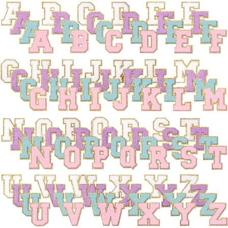 104 st chenille-bokstäver att stryka på, A-Ö, lagningslappar, alfabetsapplikationer, självhäftande broderade bokstäver att sy på med guldkant för B