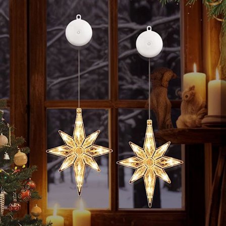 10 LED-stjerner, julebelysning, 2 styk, vindue med sugekopper, varm hvid, lyskæde, juledekoration, vinduesbelysning, lampkugle