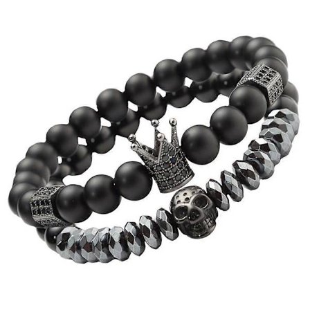 2-pack Armband för män med krona och dödskalle, svarta pärlor, slitstarkt och bekvämt för helgdagar_Specialerbjudanden