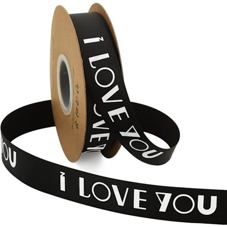Tryckt satinband "I Love You" för presentinslagning på Alla hjärtans dag