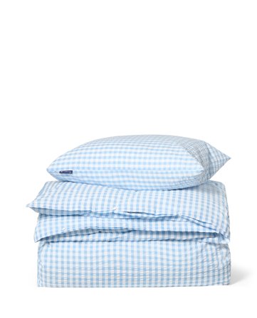 Lexington Rutigt bomullsseersucker bäddset, blå/vit