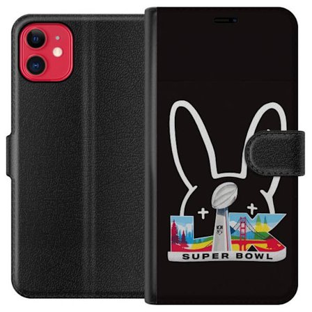 Kompatibel Tegnebogsetui til Apple iPhone 11 Bad Bunny portræt med åben skjorte, tatoveringer og krøllet hår i stilfuld modefotografering