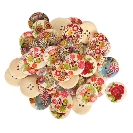 100st knappar Naturträ Färgmålad Utskrift Bredsidig DIY Klädtillbehör 30mm