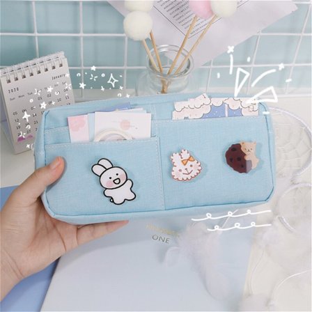 Kawaii pennfodral med 3 stift - Estetiskt pennfodral - Kawaii-papper - Kawaii-skolmaterial (Blå)