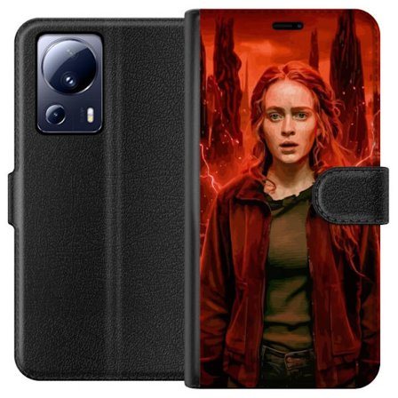 Kompatibelt Plånboksfodral till Xiaomi Xiaomi 13 Lite Porträtt av en ung kvinna med rött hår i en apokalyptisk landskap, röda blixtar och mörka