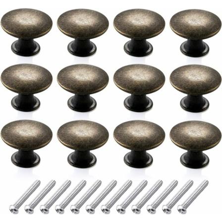 12 stk. Vintage runde kommodeknopper skuffeknopper sæt, Retro spidse enkelt hul møbelknopper møbelknopper antik messing knop til køkkenskuffe(30mm,