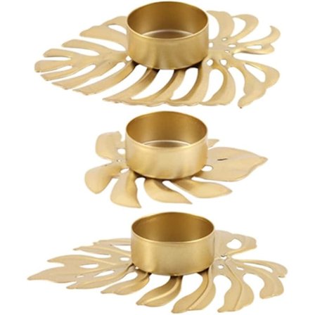 3 stk. Lysestager i bladform til fyrfadslys - Metal lysholdere til sofabord, spisebord