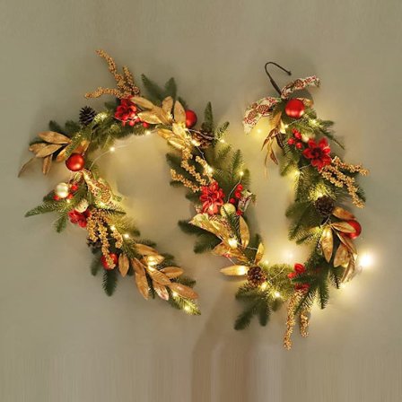 Artificial Christmas Wreath with Bow, Pine Cones and Red Berries, 45-180cm – Door Wreath and Wall Decoration for Christmas and Party