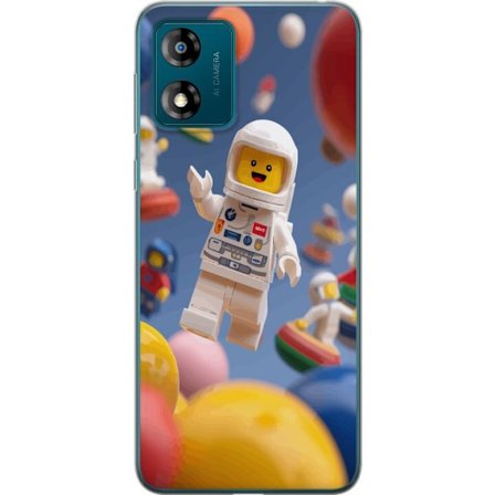 Kompatibelt Mobilskal till Motorola Moto E13 LEGO-inspirerad astronautfigur i rymden bland färgglada planeter, lekfull 3D-illustration för barnrum,