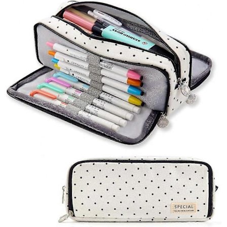 Veeki Stort Penalhus Stor Kapacitet 3 Rum Lærred Penalhus Til Teenagere Drenge Piger Skoleelever (Sort Prik)