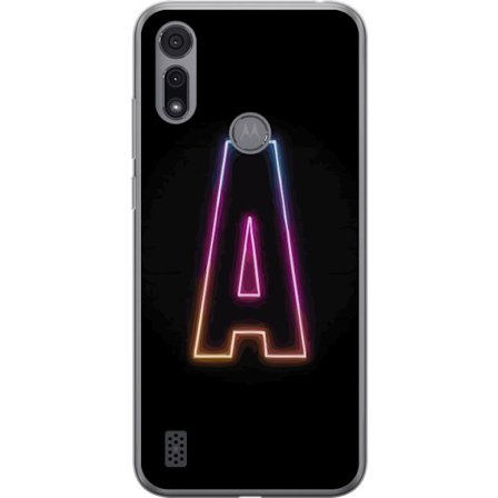 Kompatibel Mobilcover til Motorola Motorola Moto E6i Minimalistisk neonbogstav A i regnbuefarvet lys mod sort baggrund i moderne typografisk stil