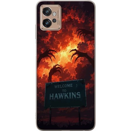 Kompatibelt Mobildeksel til Motorola Moto G32 Mørk apokalyptisk fantasi-scene med brennende himmel og Hawkins-skilt i Stranger Things-stil