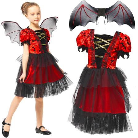 Halloween-kostym för flickor, Vampyr Bat-kostym med vingar, Häxa Cosplay-klänning, Barnens spökkostym för Halloween, Storlek M