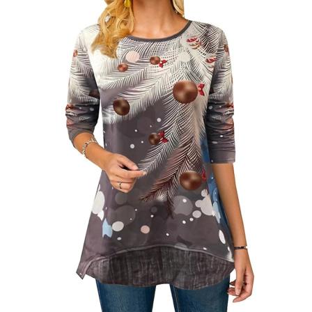 Jul Kvinder Snemand Holiday Tree Print Casual T-shirt Xmas langærmet rund hals skjorte Bluse Longline Toppe Plus Size Gray 3XL