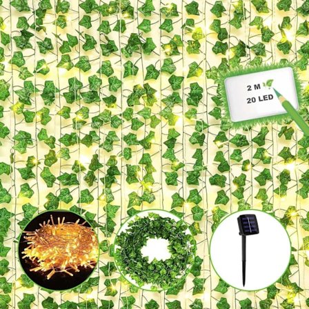 Ivy Konstgjord Girlang 2m Ivy String Light Plants Ivy Duck med 20 LED Solar String Ivy Girlang Konstgjord Falska Växter Grön Ivy för Trädgård Bröllop