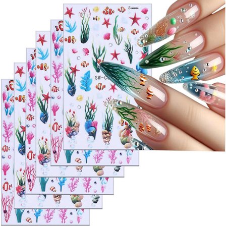 6 ark Ocean plant neglekunst klistermærker, 3D selvklæbende tangskal holografiske neglemærkater, farverige fisk søstjerne bobler negle