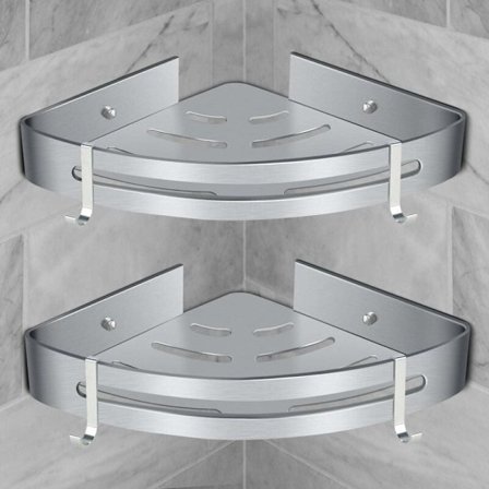 Brusehylde uden boring, flyaluminium med 2 kroge til brusebad, selvklæbende rustfri holder til badeværelse