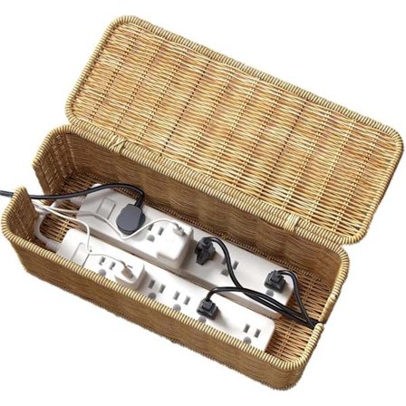 Håndlavet kabelstyringsboks i rattan, kabelorganiseringsboks med låg, 2 åbne rum til at skjule stikdåser og ledninger og dække gulv-tv-ledninger, 