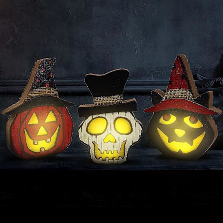 3st Halloween pumpa lampa Trä Jack-o-lantern Halloween dekorativ pumpa skalle Svart katt lampor för inomhus utomhus mantel öppen spis dekoration S