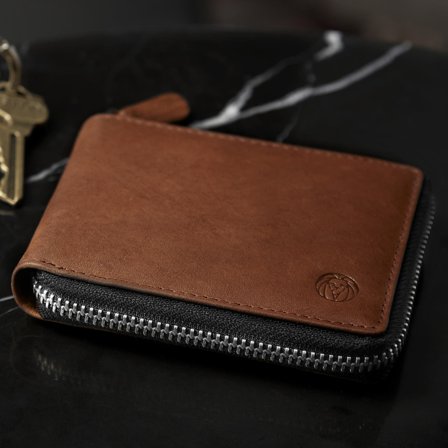 Portefeuille en cuir brun havane anti-RFID avec fermeture zippée pour hommes - Portefeuilles