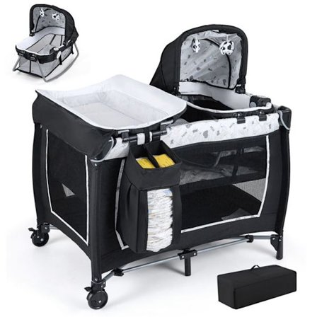 Seng Baby Paraply med Madras 5 i 1 COSTWAY-Klapvogn,Bindingstabel--Hængende Legetøj, Lyskasse-Musik-Ruller-Beige