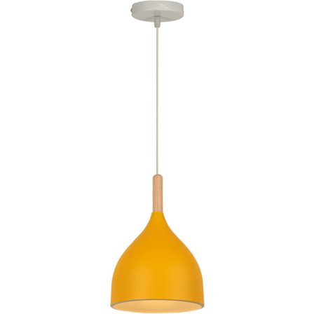 Moderne takhengt pendellampe i metall og tre, justerbar lysekrone i mørk gul