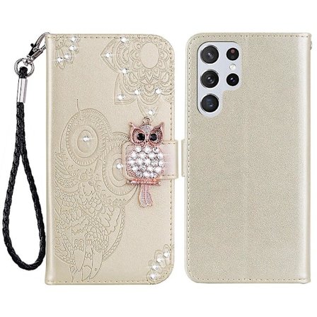 For Samsung Galaxy S24 Ultra Lommebokveske Ugle Blomst Trykt Rhinestone Lærdeksel - Rød {db}