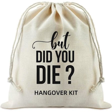 Set med 10 roliga bomulls muslin dragsko väskor för baksmälla - Men dog du, möhippa baksmälla överlevnadskit förlovning bröllopsfest