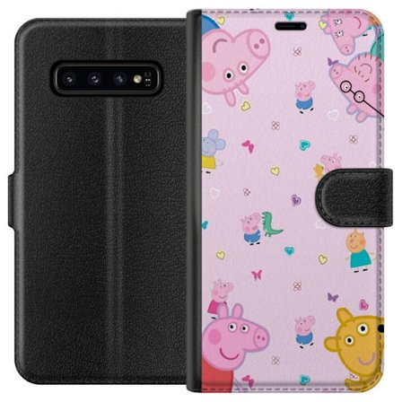 Kompatibel Tegnebogsetui til Samsung Galaxy S10 Peppa Gris med en baby i armene, morgris motiv i farverig og blød børneillustration med hjerter