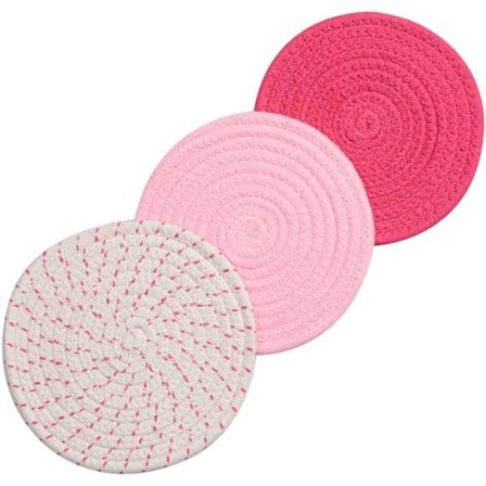 Rosa 3-delars set: 100 % bomullssnöre flätad grytunderlägg set, 7" diameter