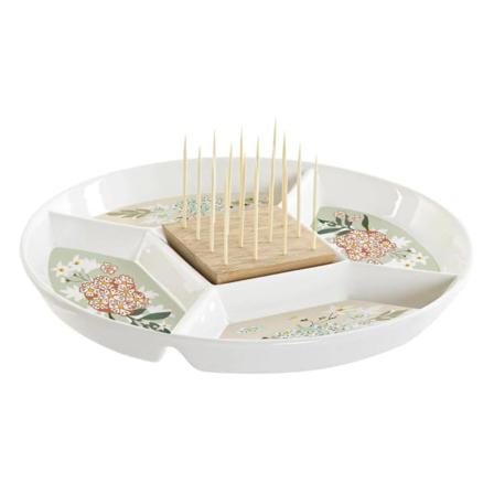 Snackstallrik Med 5 Sektioner Och Tandpetare - Rund Vit