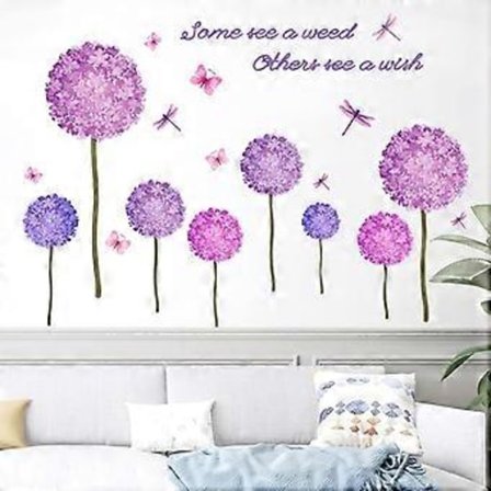 Store veggklistremerker med fiolett løvetann, flygende sommerfugl og øyenstikker veggdekor, avtagbare gigantiske planter veggdekor, fiolett hortensia 