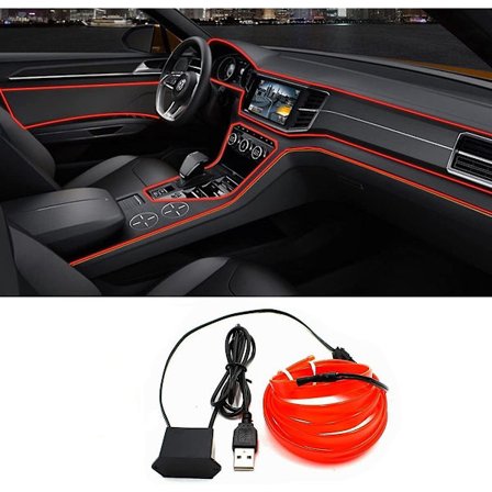 5M/15FT, Röd tråd Inredning Bil LED-remsor, USB Neon Lysande Strobing Elektroluminescerande Trådljus med 6mm Sykant, Omgivande Belysningssatser f