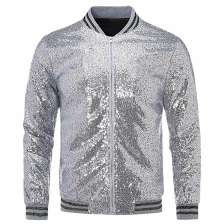 Allthemen Herre Sequin Casual Lynlås Party Bomberjakke - WELLNGS Sølv Silver XL