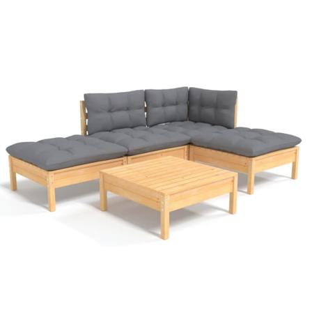 Vidaxl Loungegrupp Med Grå Dynor 5 Delar Furu Grå