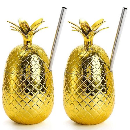 2-pack Ananasjuomamukit, 450 ml Kultainen Ananas ulosvedettävällä pillillä, Havaiji Luau -juhlamukit