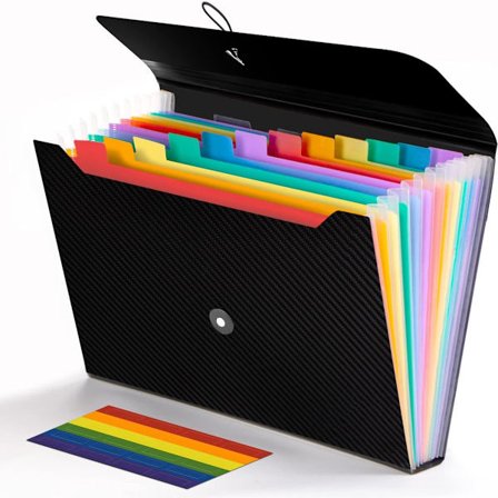 Prosjektmappe - Sammenleggbar filmappe med faner - 13 rom - Oppbevaringsmappe/Sorteringsmappe - Fagmappe - Slitesterk dokumentmappe i plast