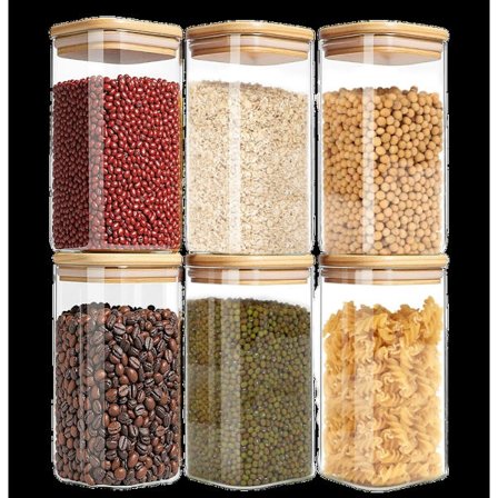 Lasipurkkisarja, jossa 6 ilmatiivistä lasipurkkia, 750 ml, lasipurkki bambukannella, myslille, muroille, pavuille