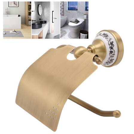 Vintage Metal Toilet Paper Holder, Towel Rack with Porcelain Decoration, Wall Mounted for Bathroom