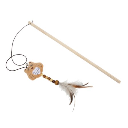 Interaktivt katteleke med fjær, et katte tygge- og tannsett, med søte ugleformede plysj fjær som henger fra en trepinne.